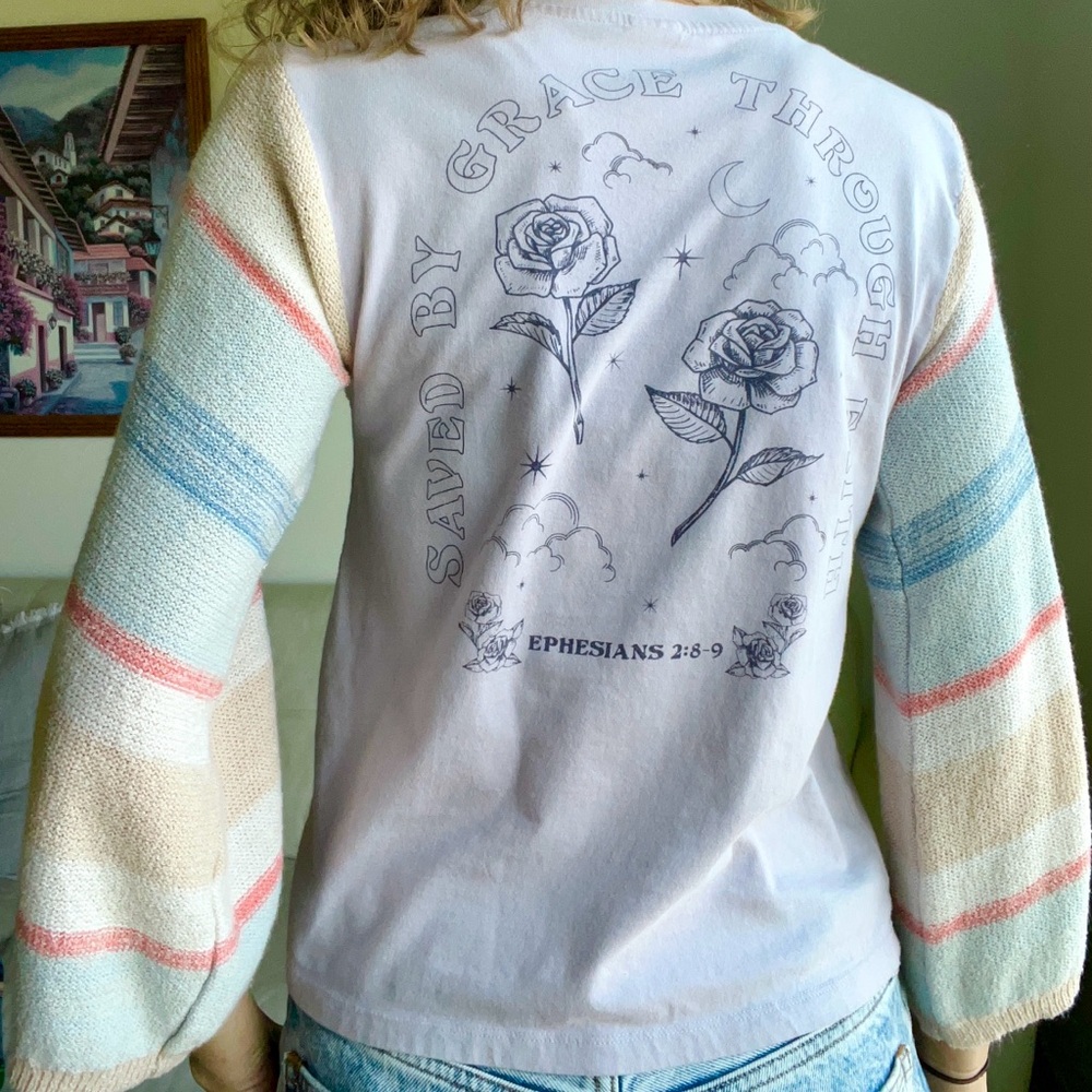 Upcycled Christian Shirt Lavender Bell Sleeves Bible Verse OOAK Size Small S